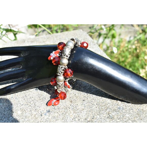 Red Charm Beaded Stretch Bracelet – Silver Tone Accents (Size 7”) - Picture 4 of 7